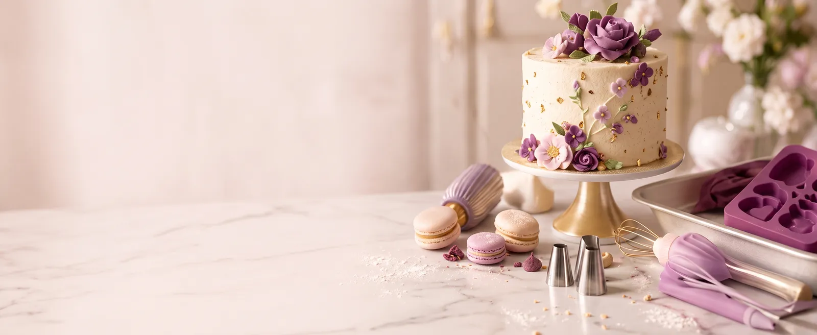 Gâteau crème décoré de fleurs en sucre violettes, macarons, moule en silicone cœur et fouets sur un plan en marbre
